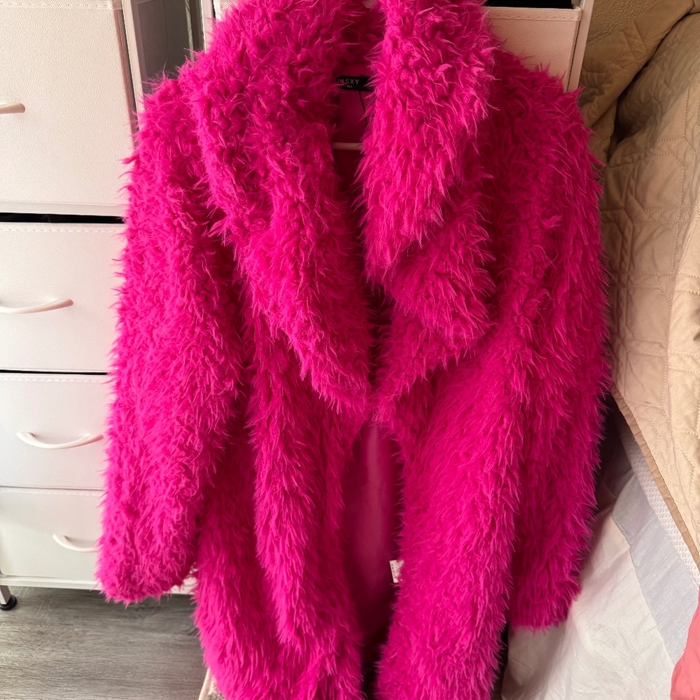 Pink faux fur coat